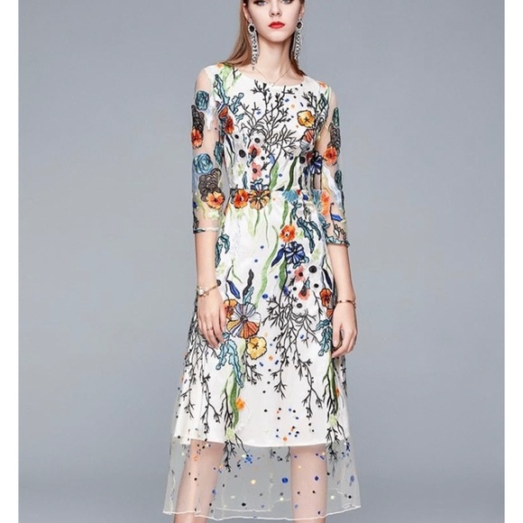 floral embroidered overlay midi dress Baltic Born Womens Lotte Embroidered Midi Dress | Emerald main image 0